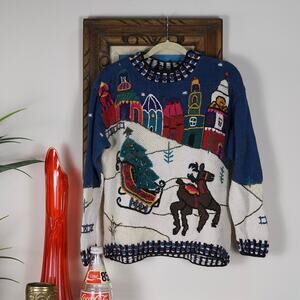 Vintage 80s 90s Sigrid Olsen embroidered christmas art to wear sweater M